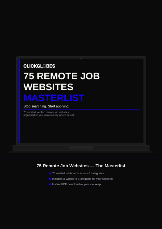 Laptop screen displaying a list of remote job websites with a dark background